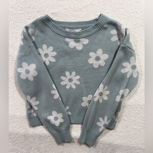 Floral Crew Neck Sweater - Light Blue and White